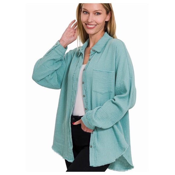 A Girl Thing Tops - $25 start 94 ❤️Dusty teal gauze raw edge button down top